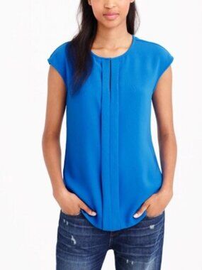 J.Crew Crepe Cap Sleeve Top Blouse Drapey Keyhole 8 Medium Sleeveless Blue Work